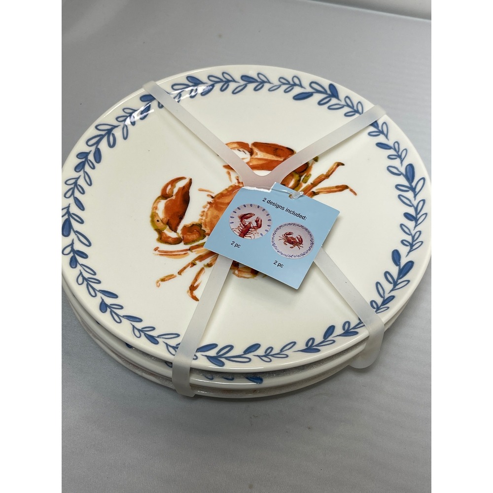 Melamine Dinner Plates Set 4 Coastal Lobster Crab White Blue 11" Nautical Beach